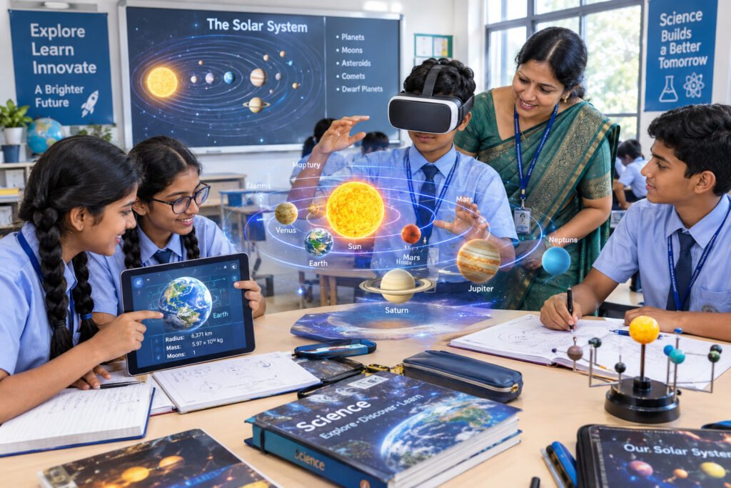 Students exploring AR VR AI in education through interactive classroom technology.